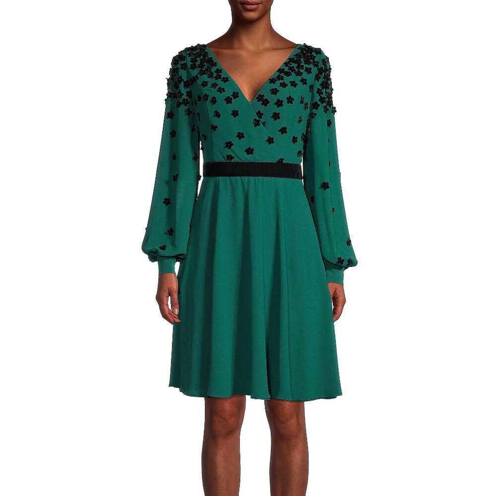 Shani Green, Floral Embellished Long-Sleeve Crepe Dress w/ Black Waist Trim Sz14